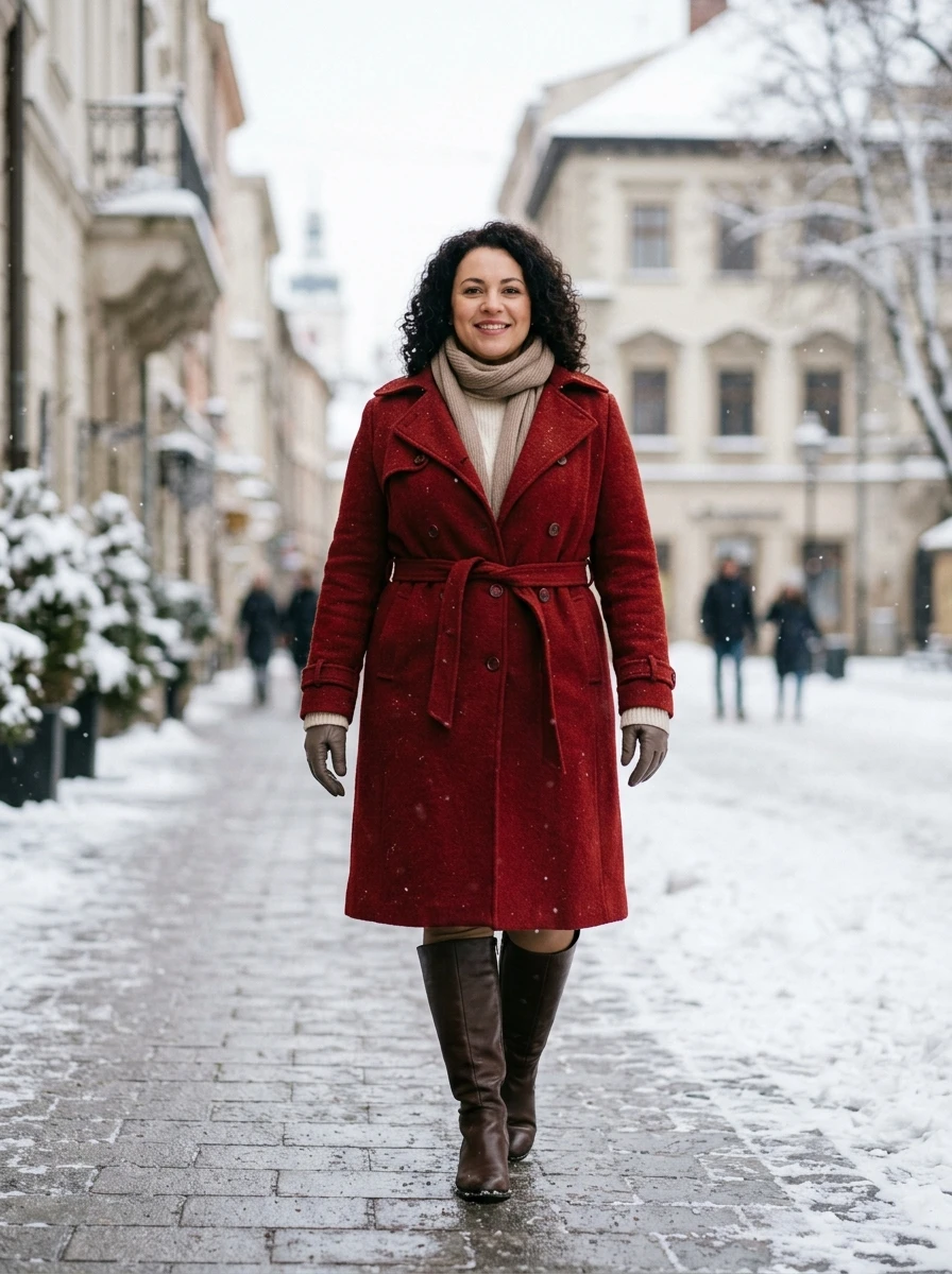 A plus size model wears a deep red coat over neutral clothing, creating a striking and warm winter outfit for cold weather.