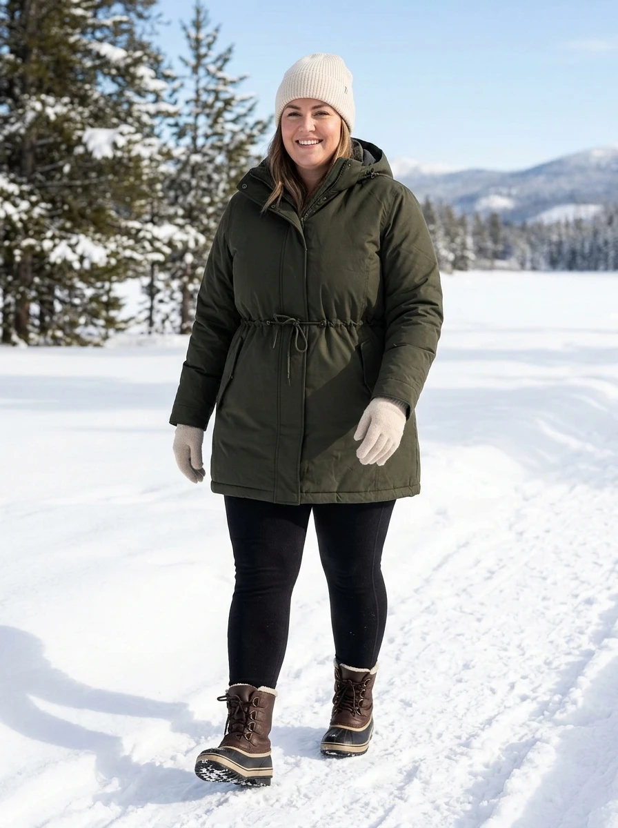 A plus size model wears a cinched waist parka and leggings, highlighting a functional and flattering outfit for extreme cold weather.