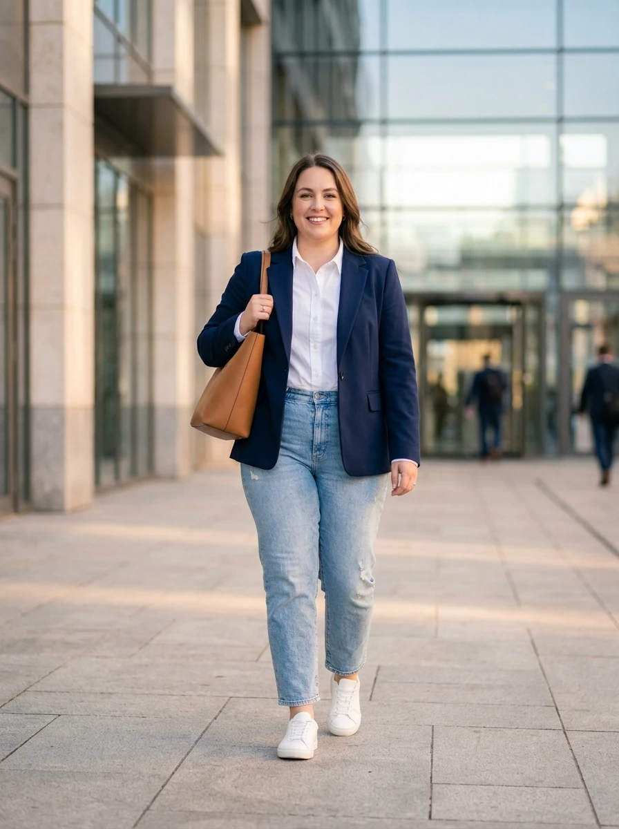 A plus size model wears a navy blazer and light wash denim, presenting a polished and classic look suitable for casual office environments.