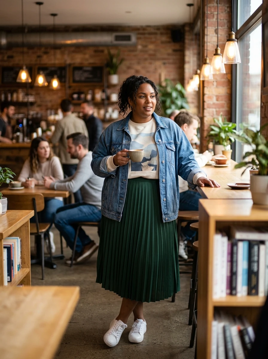 A plus size model wears a graphic sweatshirt and a pleated midi skirt, showing a fun and stylish approach to winter layering.