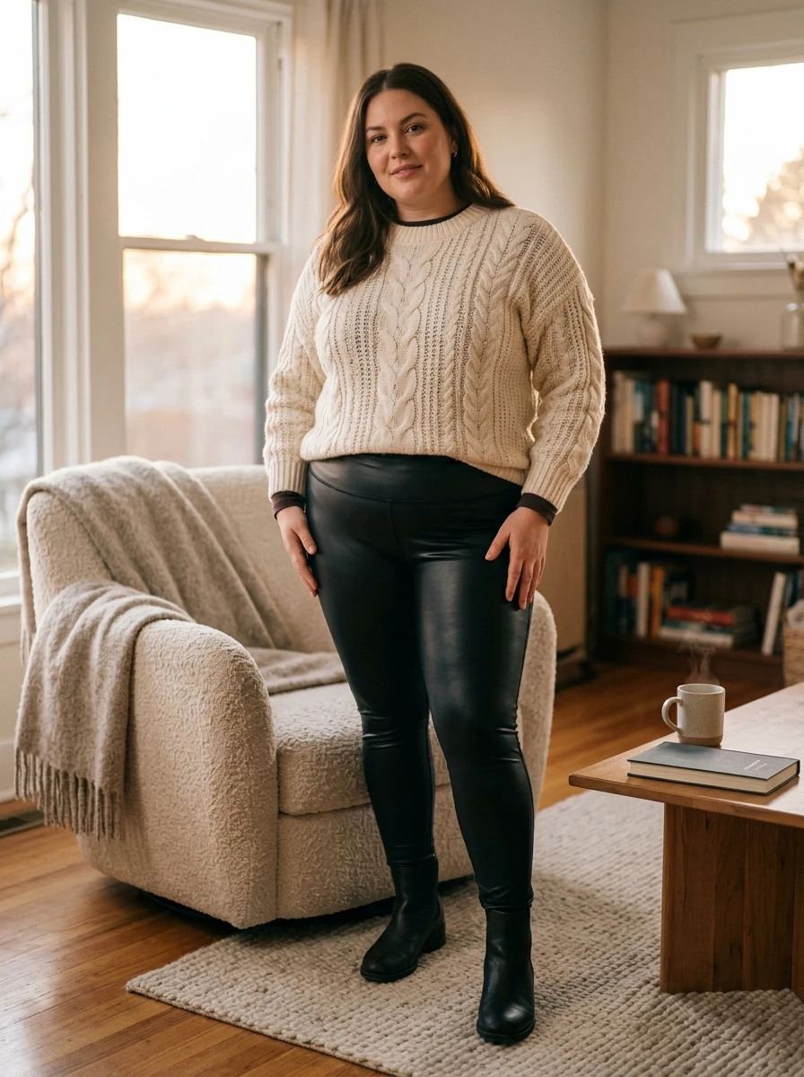 A plus size model stands in a cozy room wearing a cream cable knit sweater paired with black faux leather leggings, highlighting a balance of soft and sleek textures.