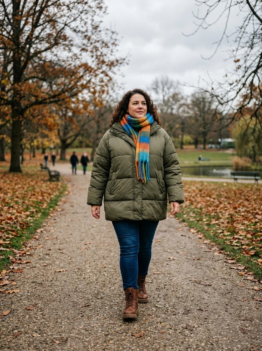A plus size model wears an oversized puffer jacket and slim dark jeans, creating a functional and stylish winter outfit for colder outdoor days.