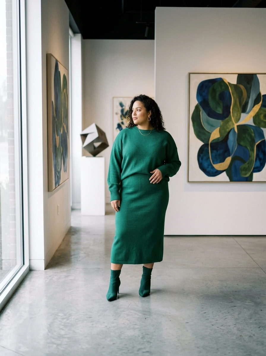 A plus size model wears an emerald green matching knit set with coordinated ankle boots, presenting a sophisticated monochromatic winter outfit.