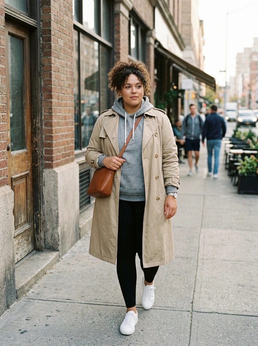 A plus size model wears a beige trench coat over a hoodie and leggings, demonstrating a street style look that combines comfort with a classic outer layer.
