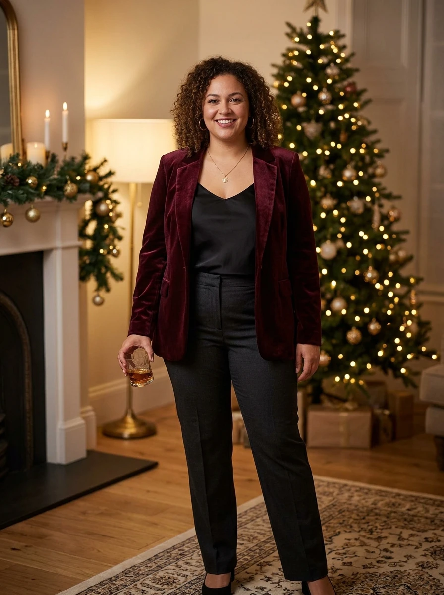 A plus size model wears a burgundy velvet blazer and dark trousers, highlighting a rich texture and tailored fit suitable for formal winter gatherings.