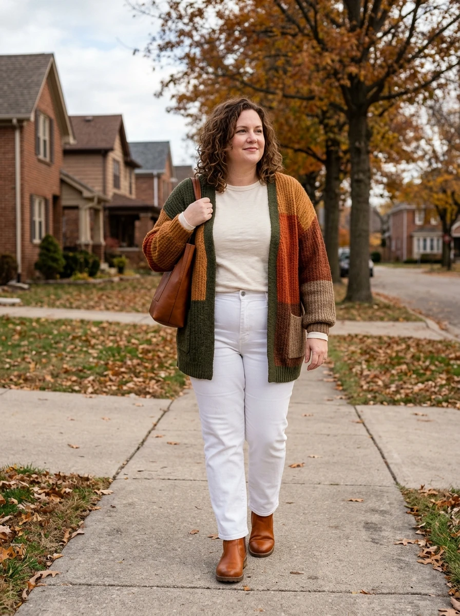 A plus size model wears a color blocked cardigan and white jeans with brown boots, showing a bright and balanced outfit for cold weather.