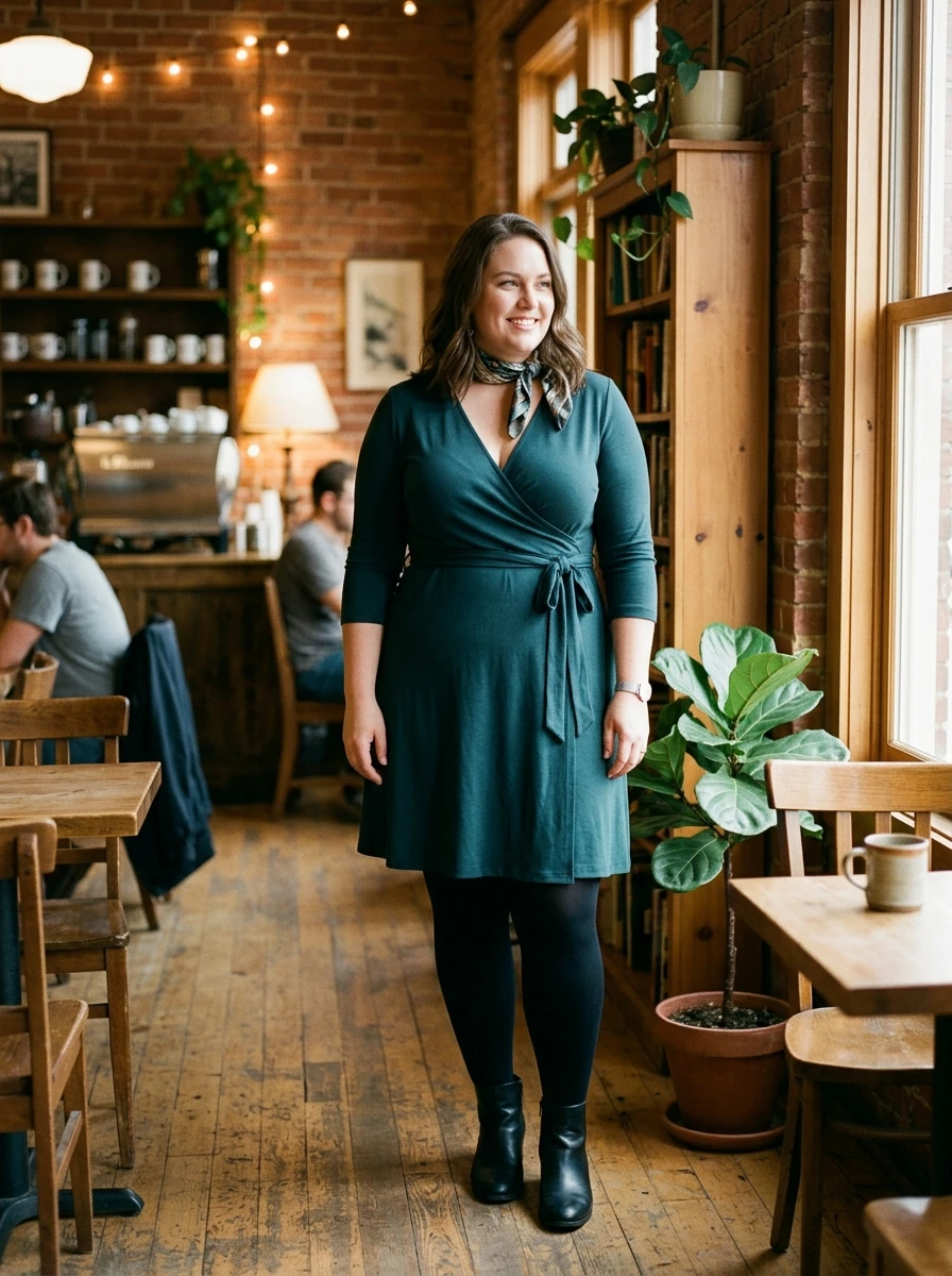 A plus size model wears a wrap dress with opaque tights, demonstrating a flattering and warm outfit choice for daily winter activities.