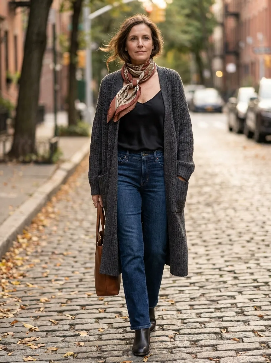 Cardigan and Straight Leg Jeans — 18 Chic September Outfits to Start Your Fall Style