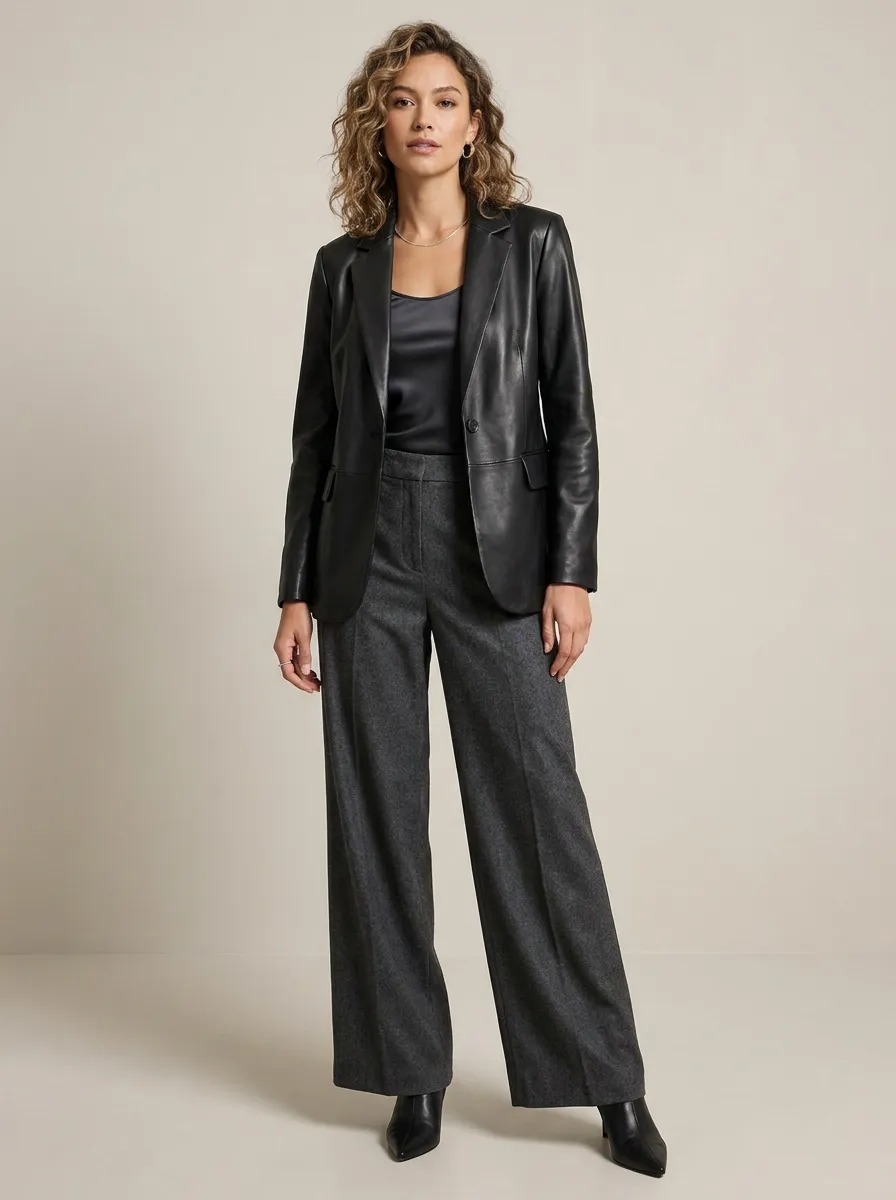 Leather Blazer and Wide Leg Trousers — 18 Chic September Outfits to Start Your Fall Style