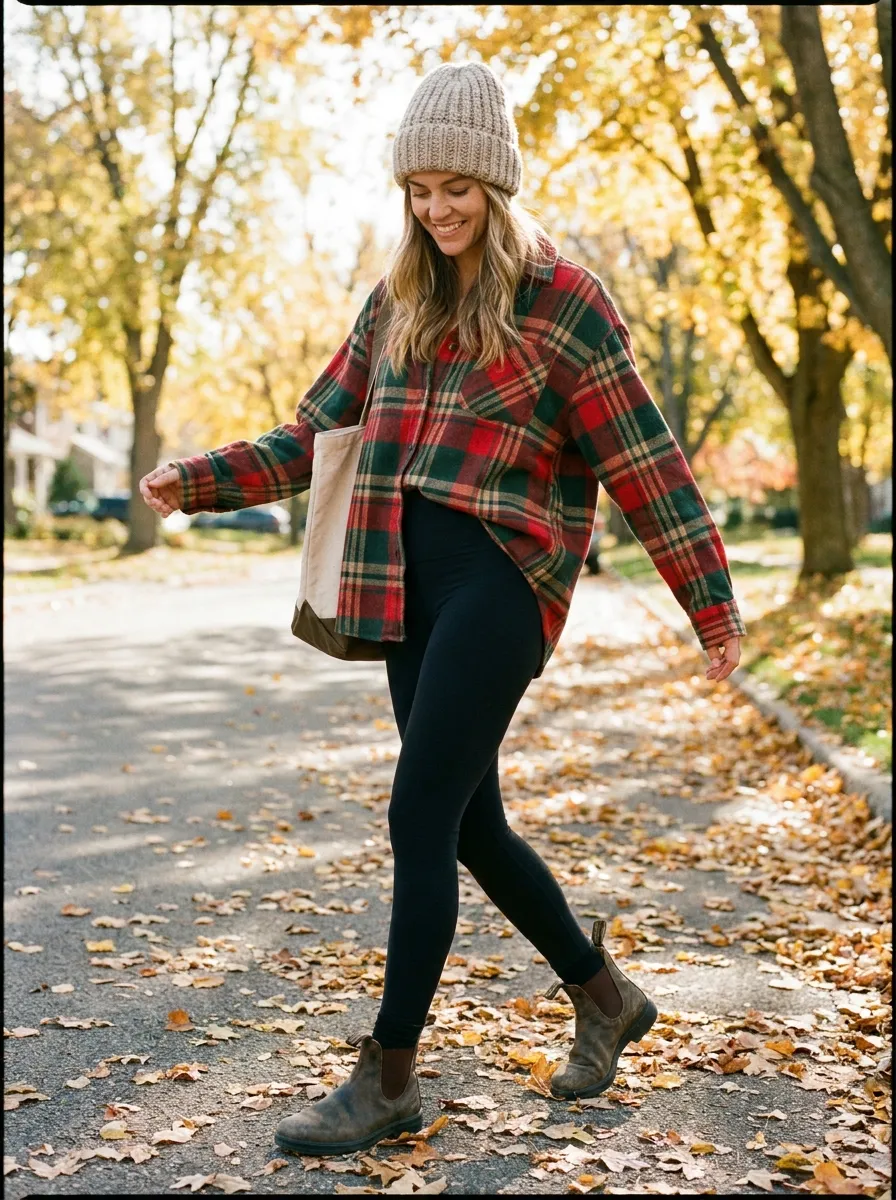 Oversized Flannel and Leggings — 18 Chic September Outfits to Start Your Fall Style