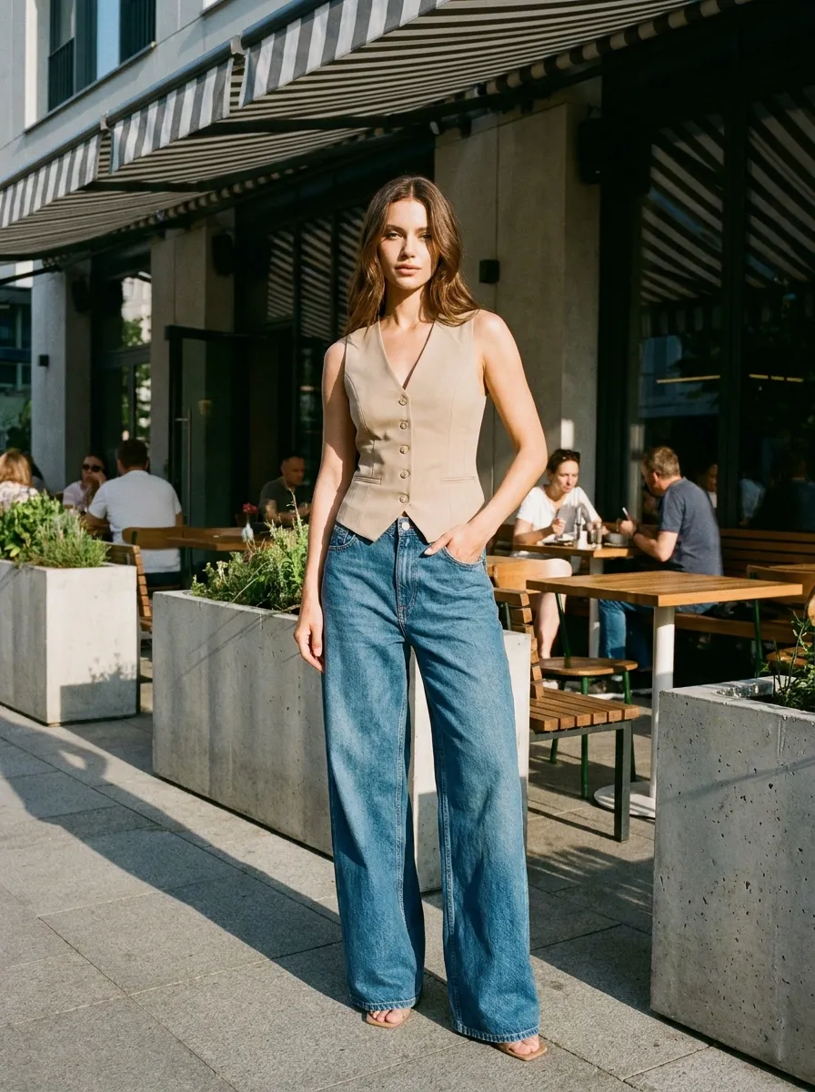 Vest and Wide Leg Denim — 18 Chic September Outfits to Start Your Fall Style