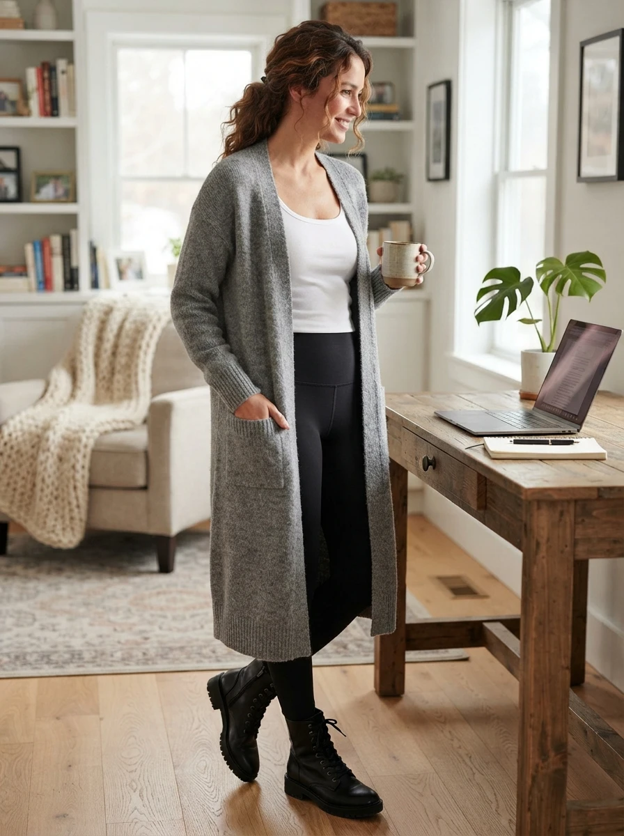 A long maxi cardigan paired with leggings and a tank top offers a relaxed yet put together look.