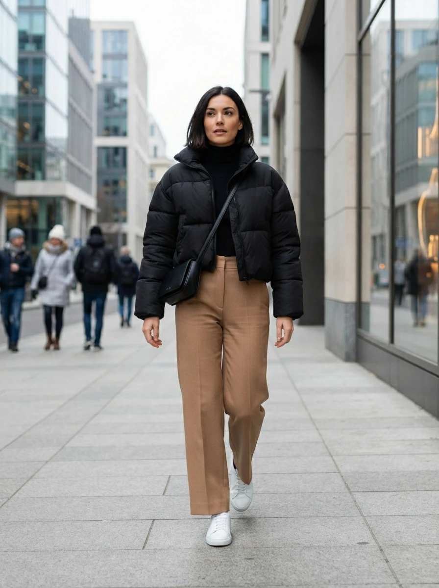 A cropped puffer jacket paired with wide leg trousers creates a modern and balanced silhouette.