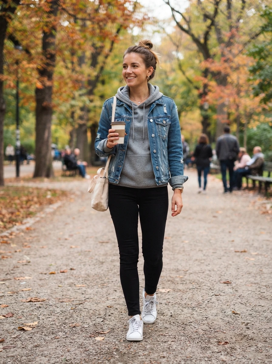 A layered denim jacket over a hoodie provides warmth and a casual, sporty aesthetic.