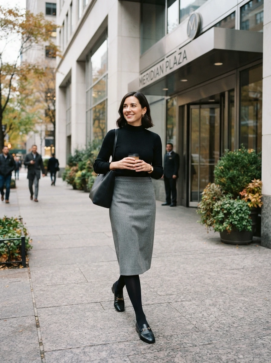 A wool pencil skirt paired with a mock neck top creates a polished and professional look for the office.