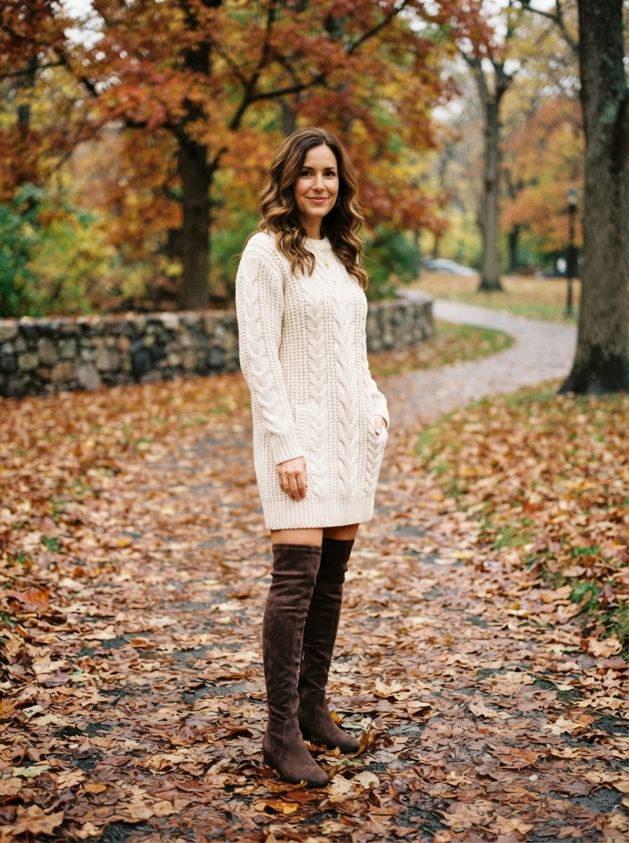 A sweater dress paired with over the knee boots offers a stylish and warm outfit for November.