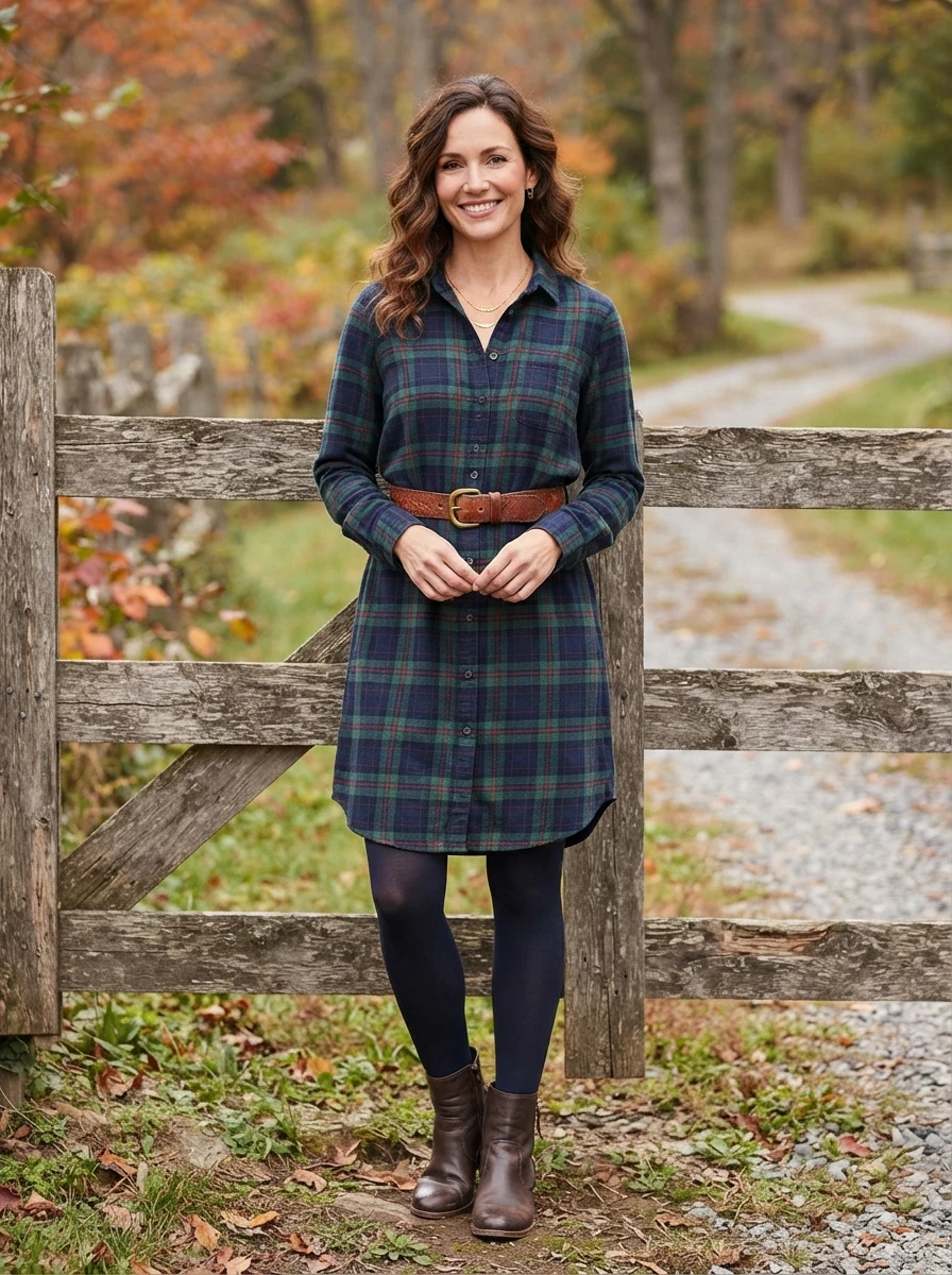 A plaid flannel shirt dress cinched with a belt provides a structured and comfortable autumn look.