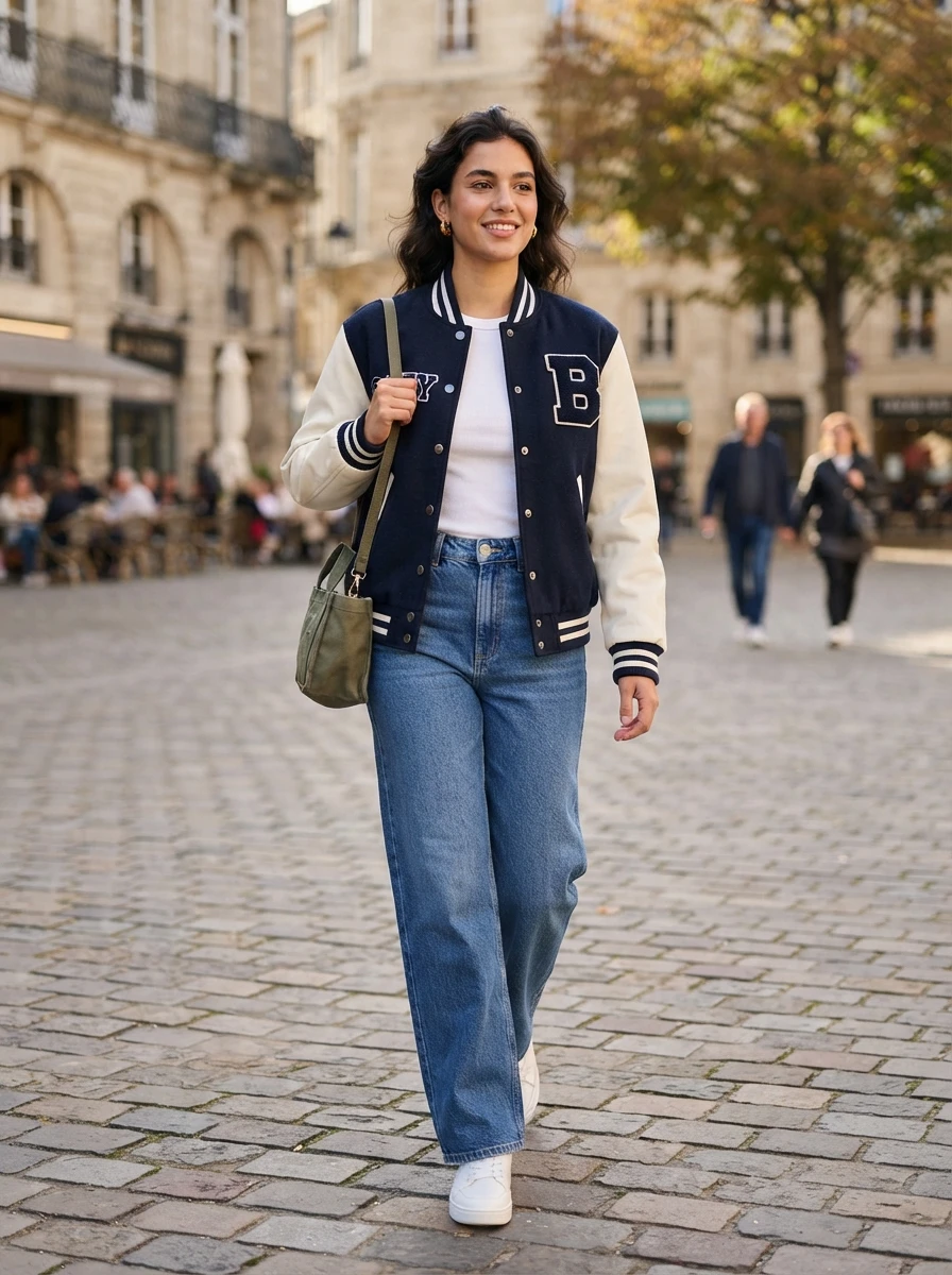 A varsity jacket paired with wide leg jeans creates a playful and comfortable outfit choice.