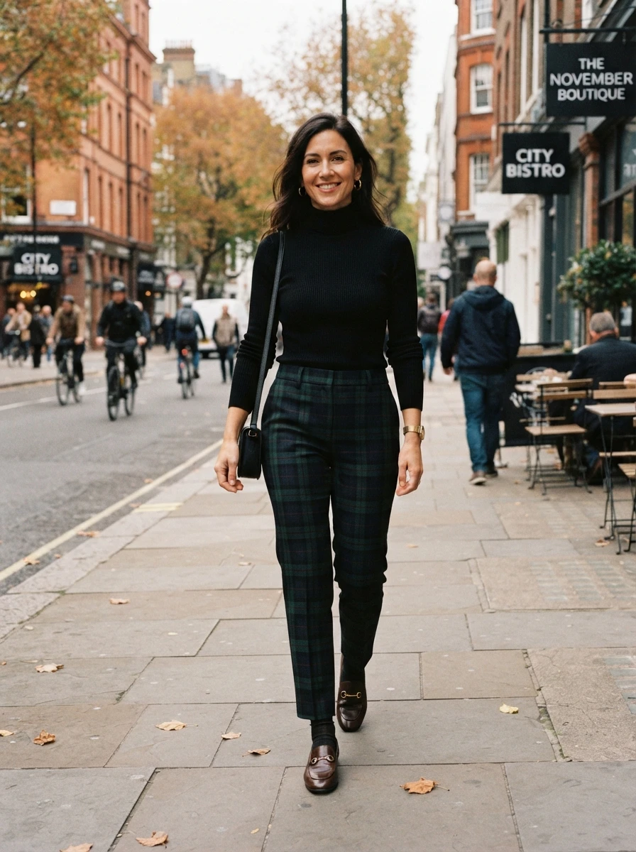 A black turtleneck paired with plaid trousers offers a sophisticated and pattern focused autumn outfit.