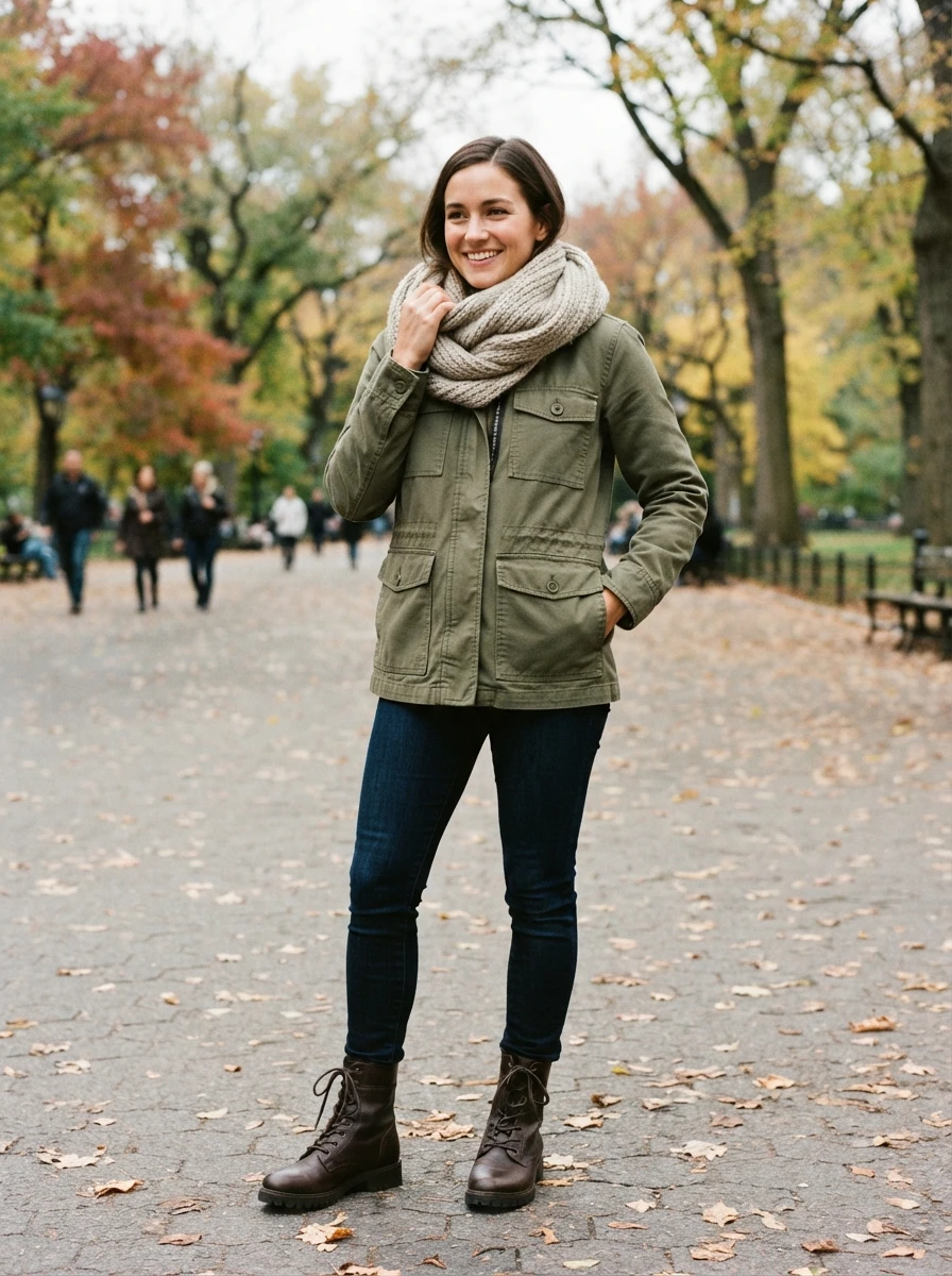 An olive utility jacket paired with a chunky scarf provides a functional and warm November look.