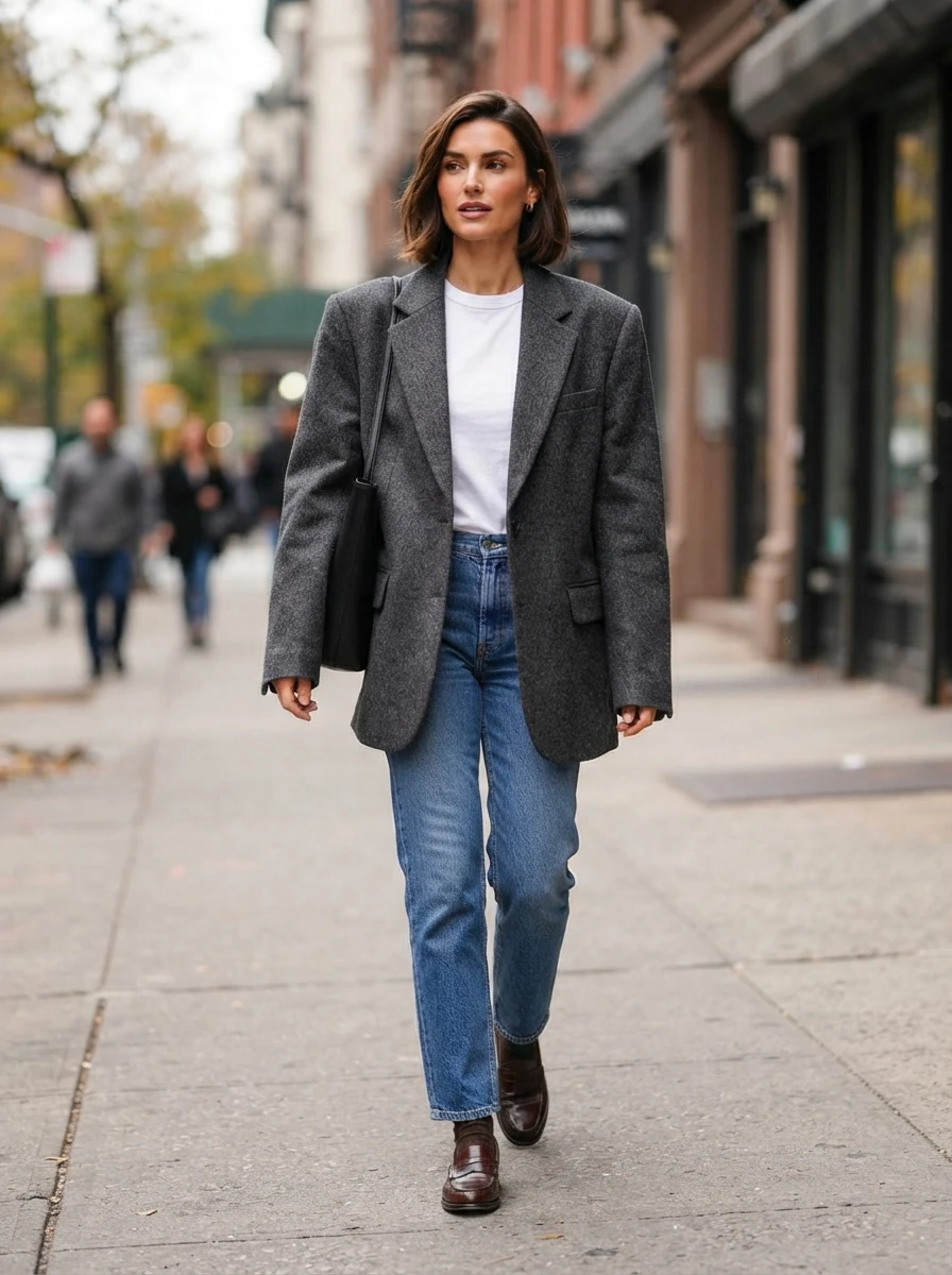 A structured wool blazer layered over a basic tee and straight leg jeans provides a clean, professional appearance.