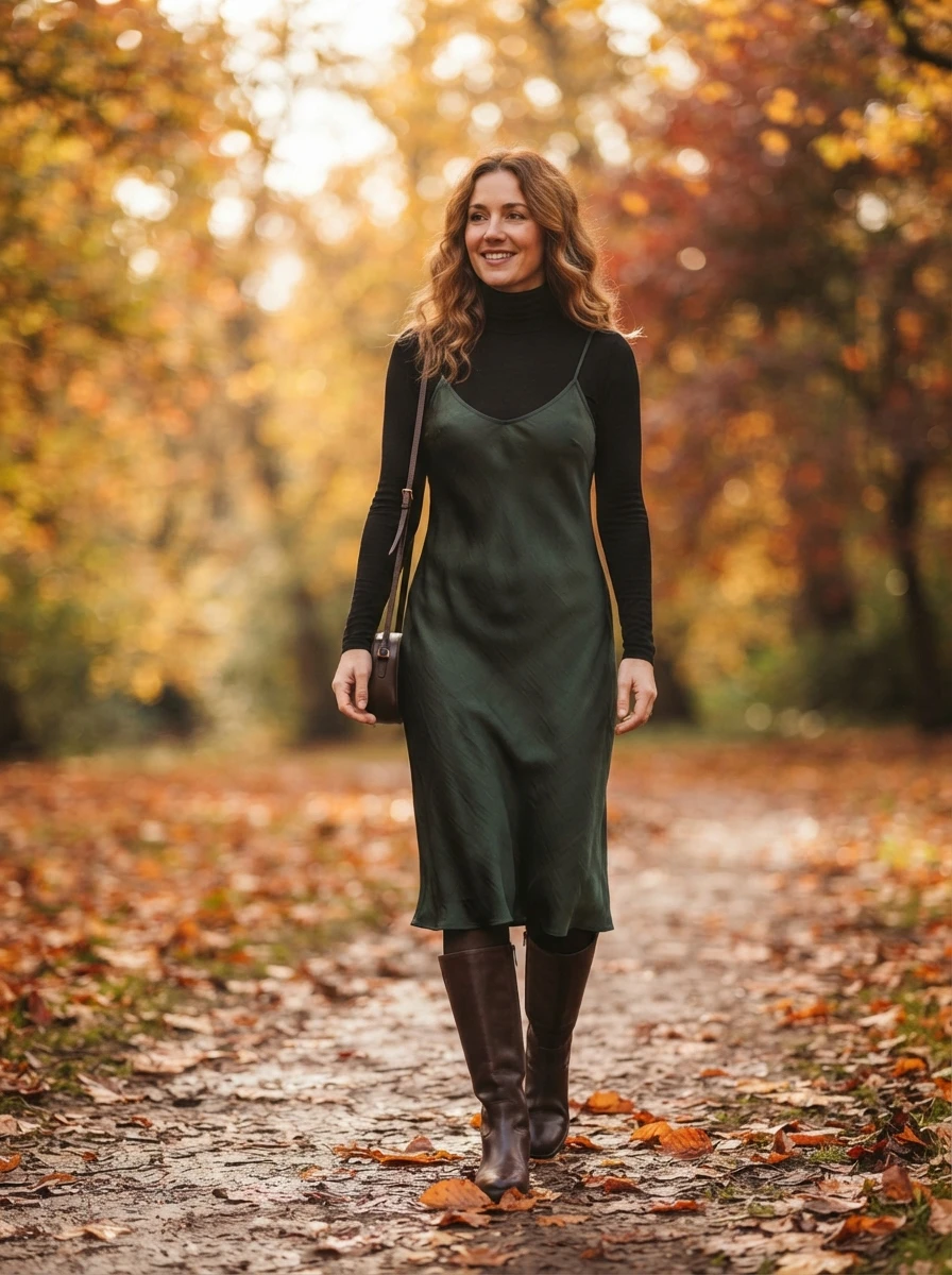 A slim turtleneck worn beneath a slip dress creates a versatile layered look suitable for cooler weather.
