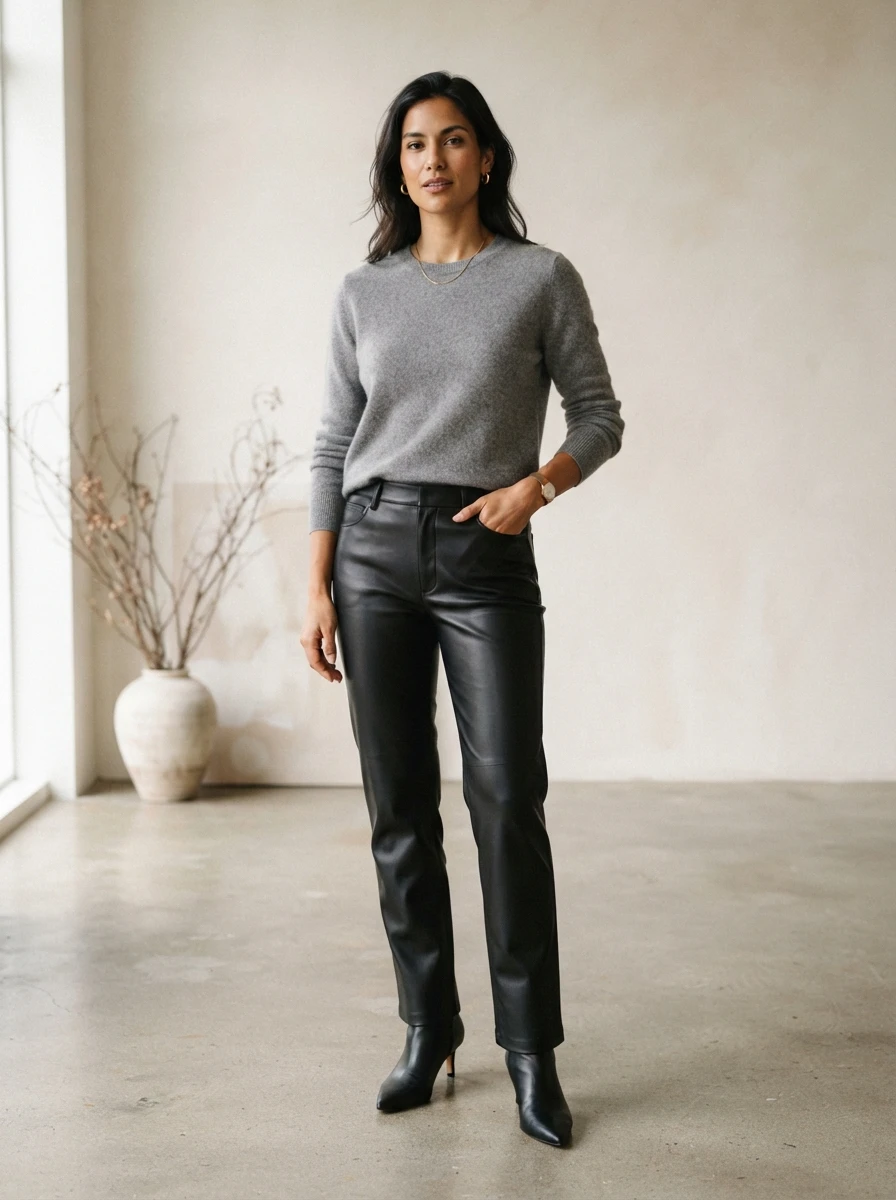 Black leather trousers paired with a soft cashmere sweater offer a sophisticated look with varying textures.
