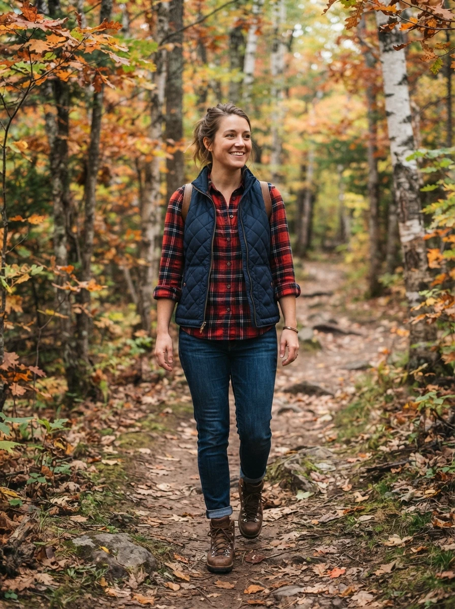 A quilted vest worn over a plaid flannel shirt provides warmth and utility for outdoor November activities.