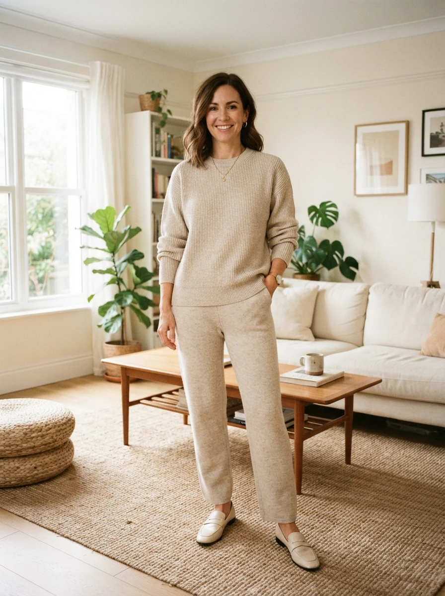 A monochromatic knit set in a neutral tone offers a cohesive and comfortable outfit option.