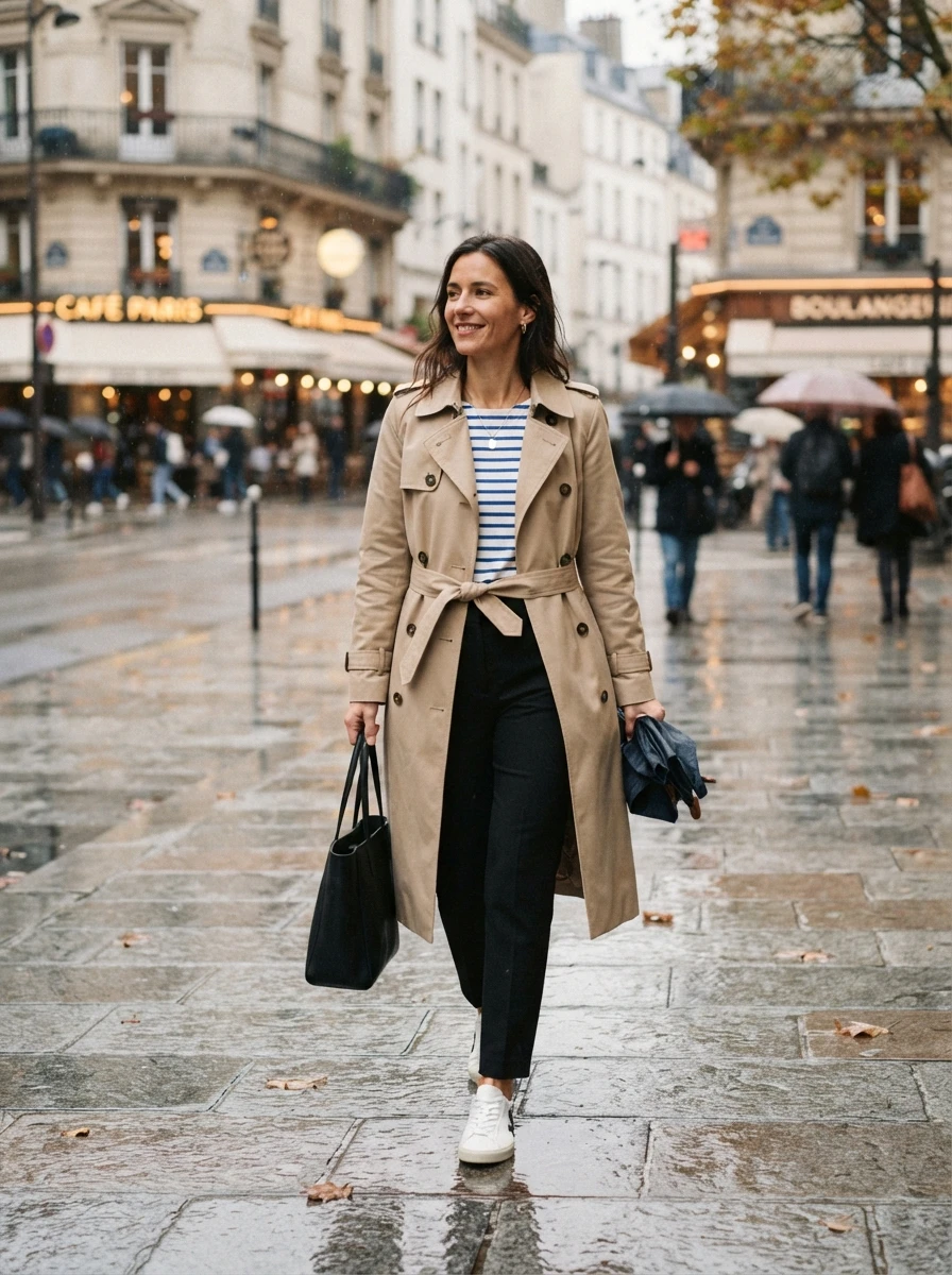 A classic beige trench coat layered over a striped top creates a timeless and functional outfit.