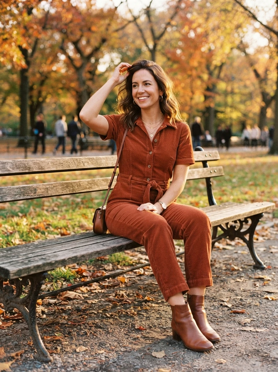 A rust colored corduroy jumpsuit paired with leather boots creates a warm and stylish seasonal outfit.