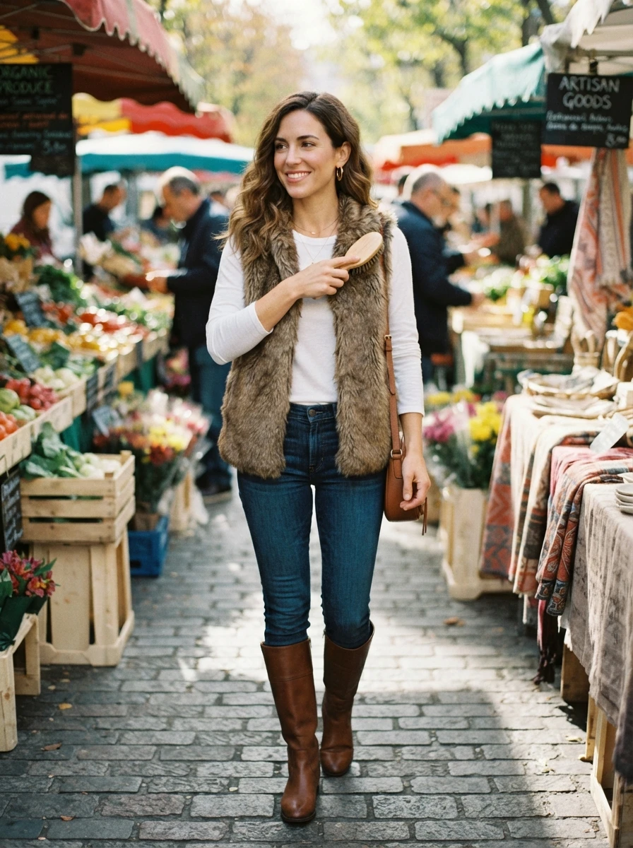 A faux fur vest adds texture and warmth when layered over a simple long sleeve shirt and jeans.