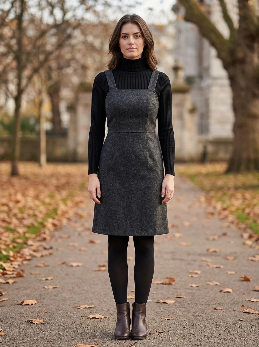A woman in a black ribbed turtleneck worn under a structured wool pinafore dress. The look is classic and provides a nice balance of warmth and style.