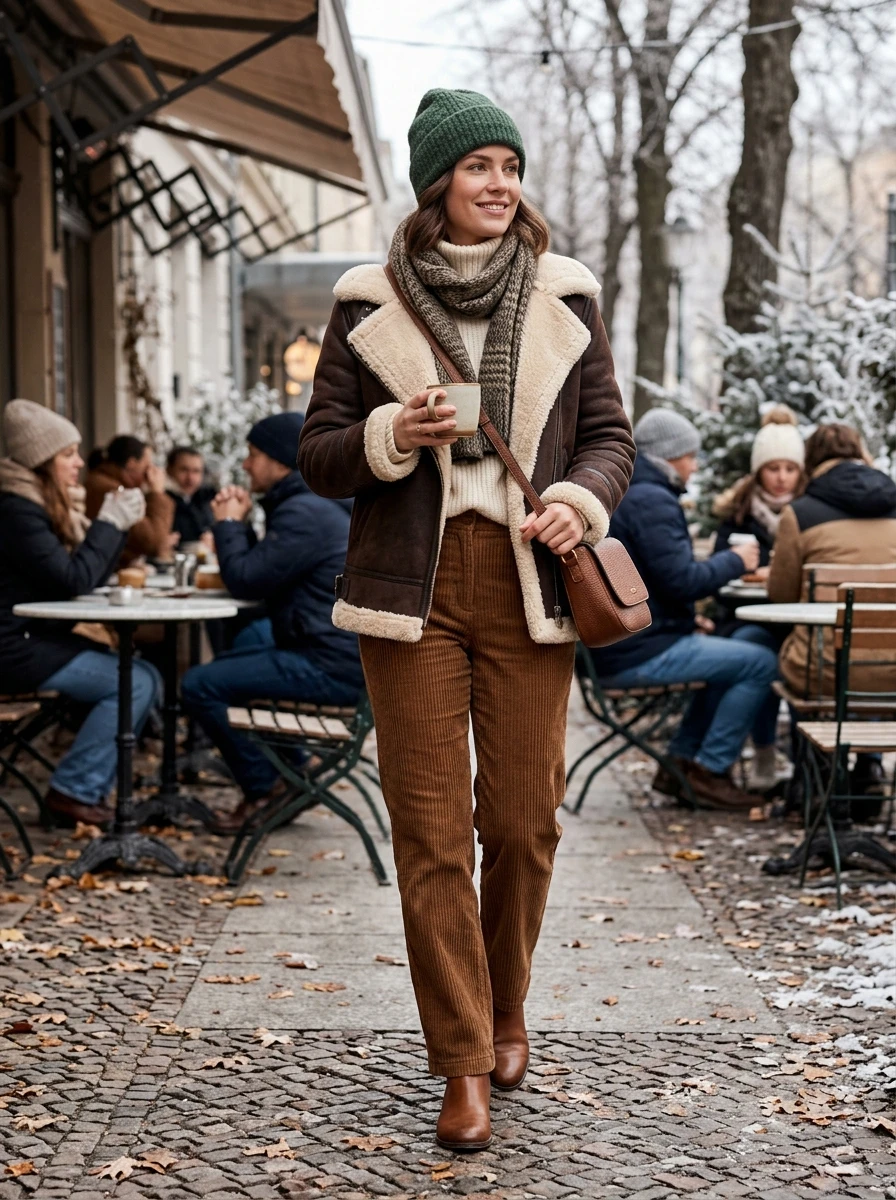 A woman wearing a warm shearling jacket paired with brown corduroy trousers. The outfit is textured, warm, and strong for casual outdoor winter settings.