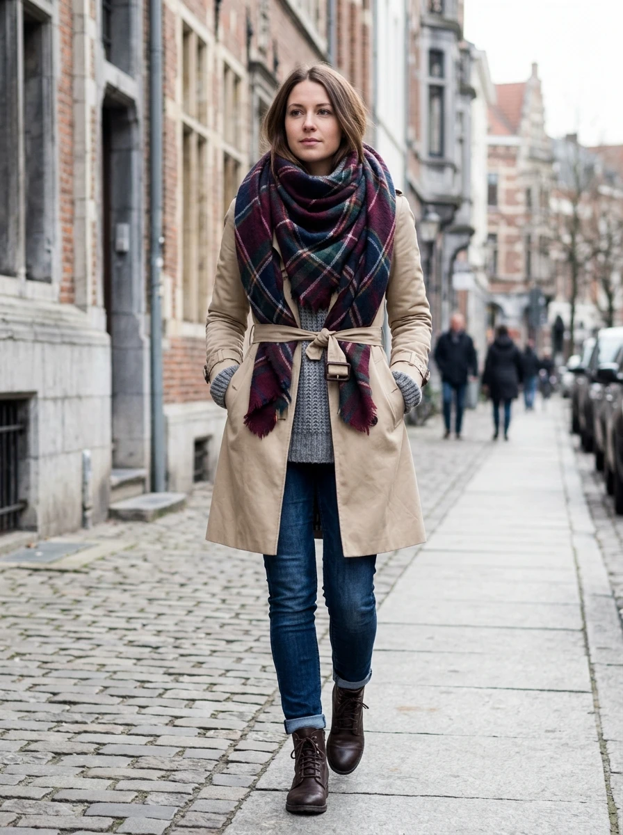 A woman in a trench coat over a heavy sweater with a large blanket scarf wrapped around her. The look is chic and adaptable for changing weather.
