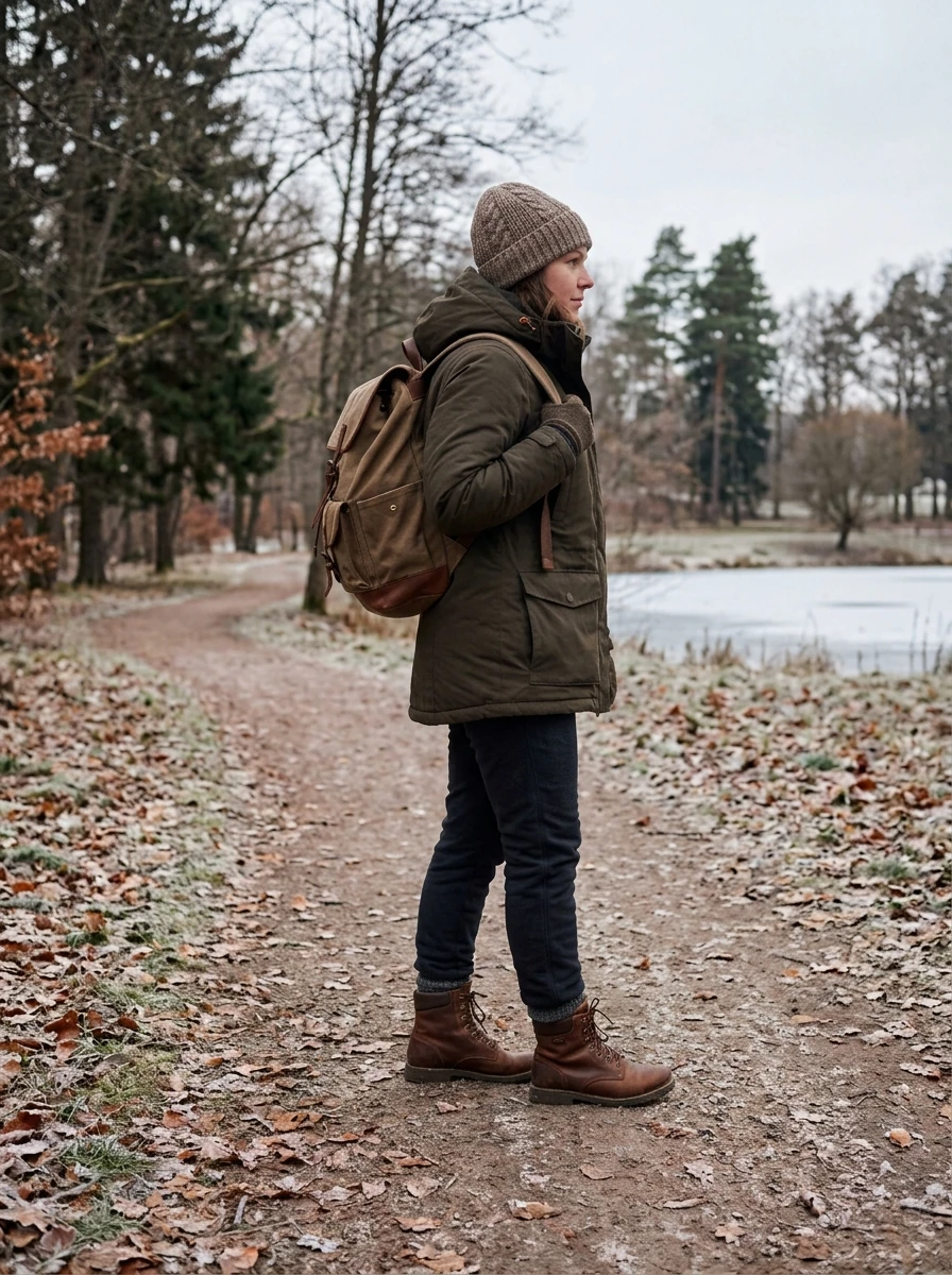 A woman dressed in fleece lined trousers and sturdy leather boots. She is prepared for cold weather while maintaining a clean and simple style.