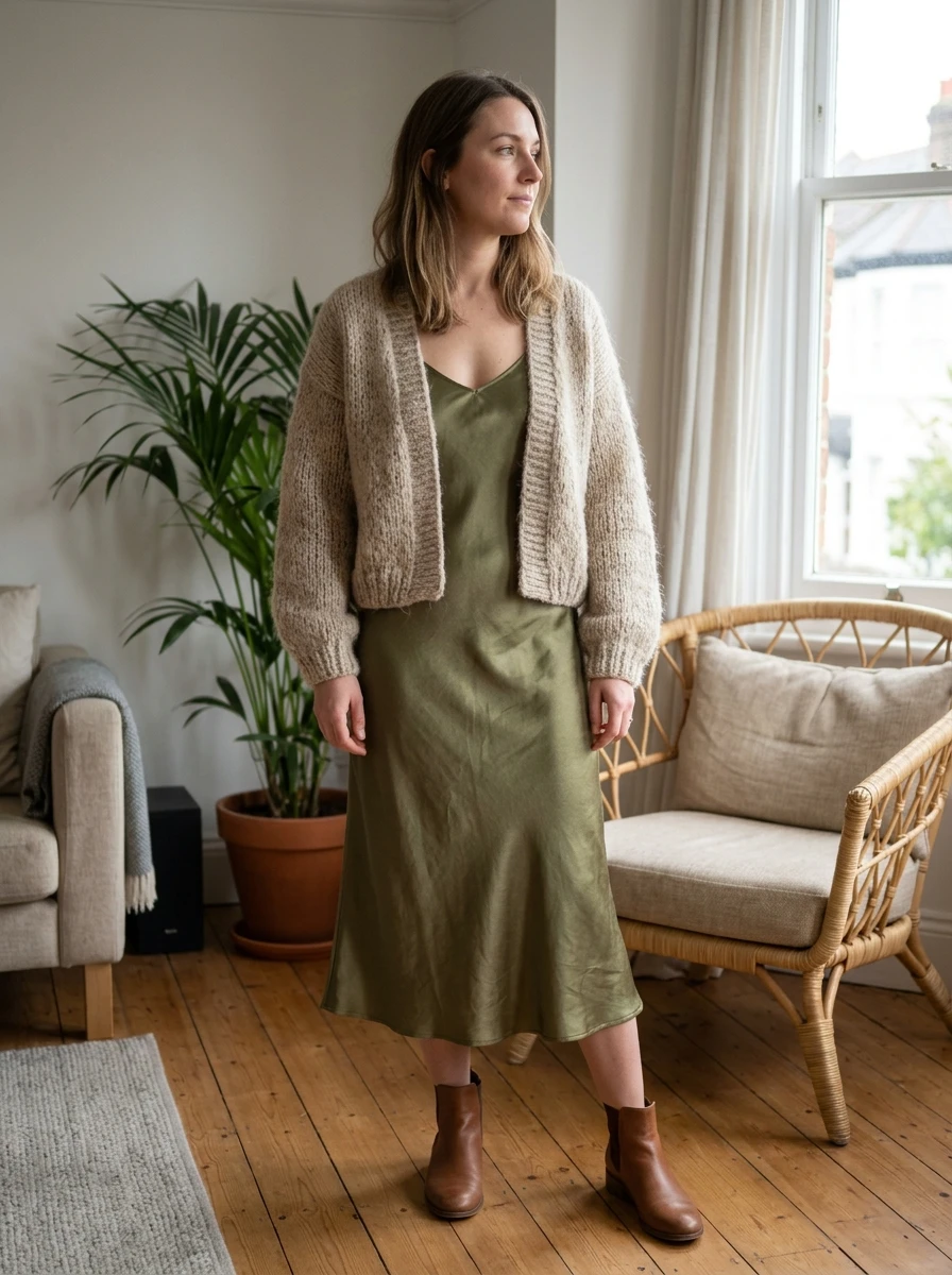 A woman wearing a thick mohair cardigan over a slip dress. The contrast in textures and weights makes for a beautiful and cozy winter outfit.