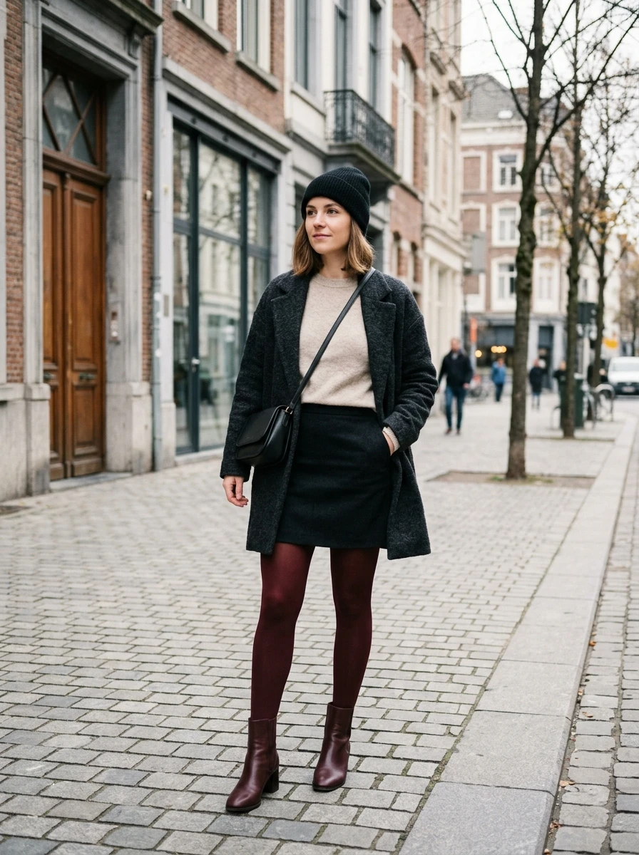 A woman wearing a dark wool mini skirt with colored tights and matching boots. The outfit is a creative way to add color to a winter look.