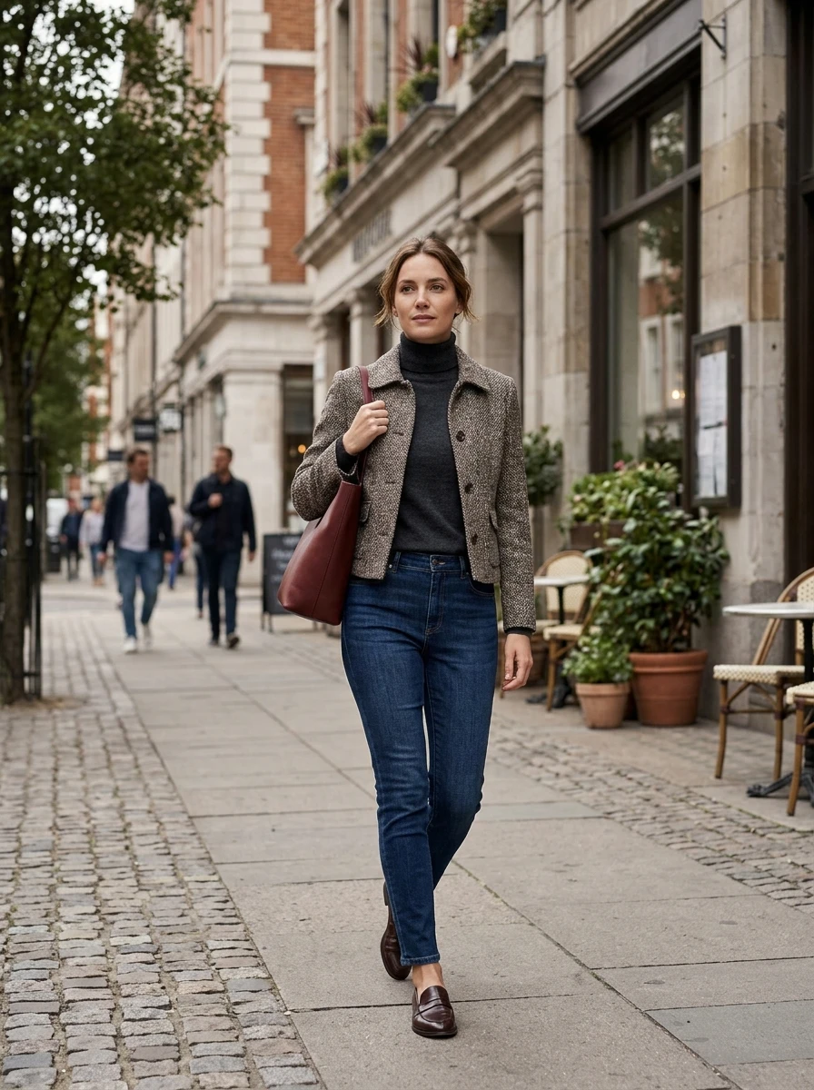 A woman wearing a structured tweed jacket over a turtleneck. She is paired with dark denim, creating a look that is both professional and comfortable for winter.
