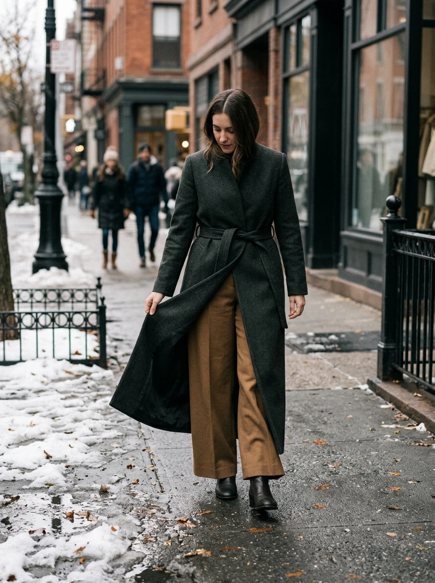 A woman in a floor length wool coat paired with wide leg trousers. The long lines of the outfit create a sophisticated and warm silhouette for winter.