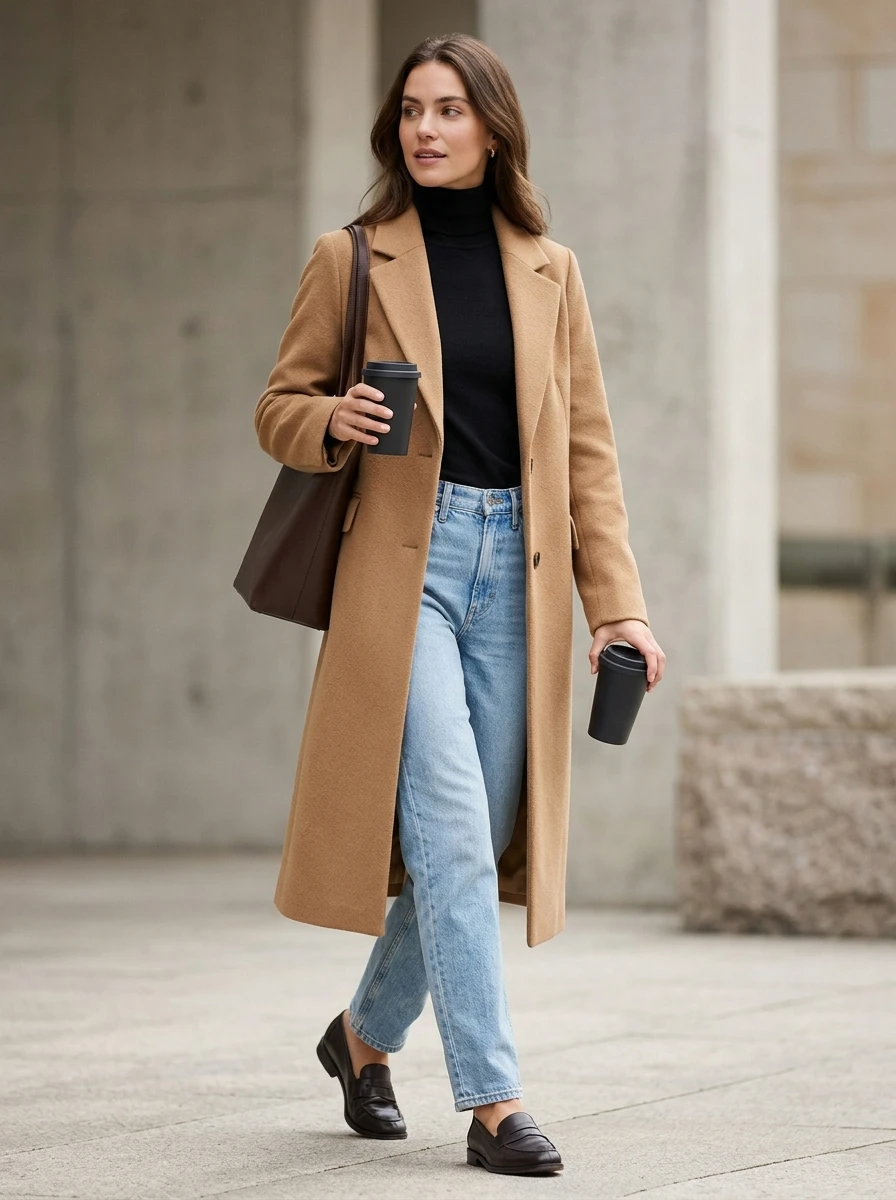A woman dressed in a long tailored camel wool coat, a black turtleneck, and straight leg jeans. She is wearing loafers and looks polished and ready for a professional day.
