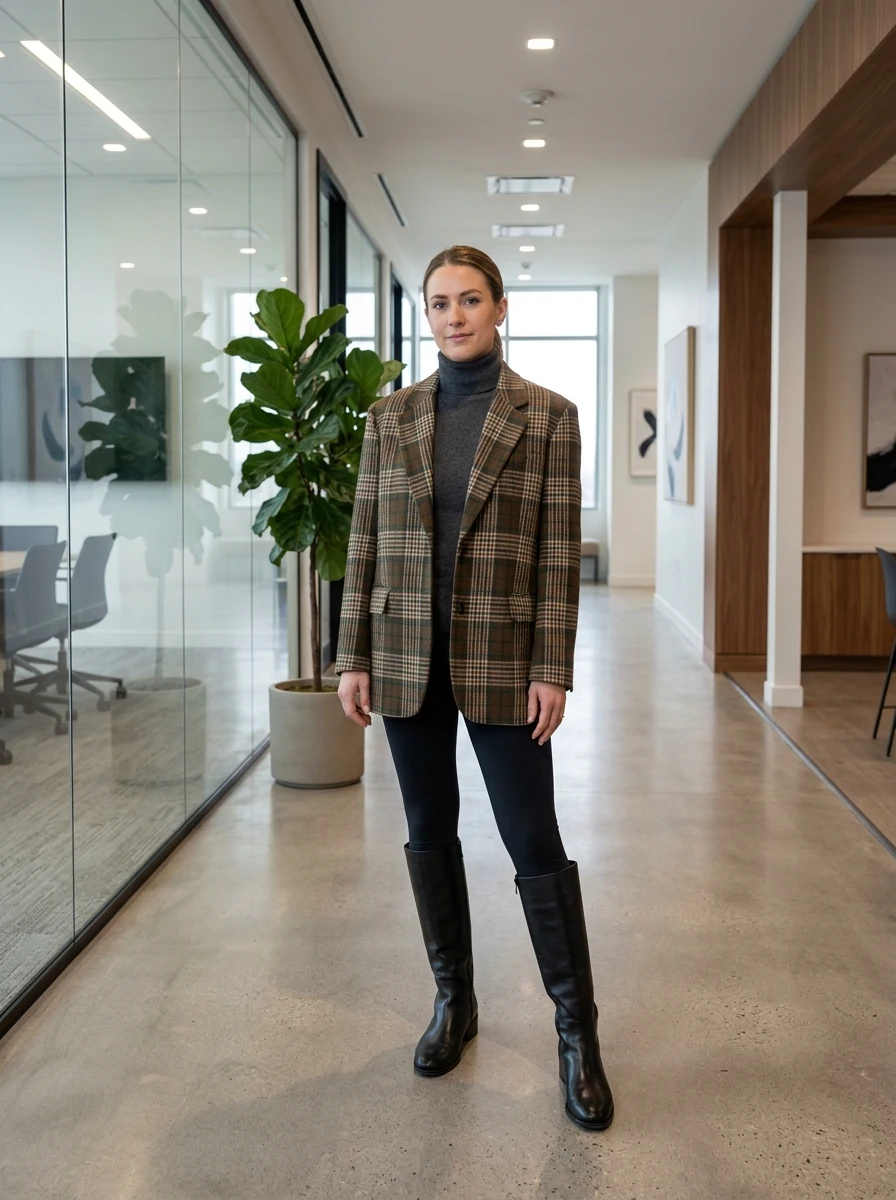 An outfit featuring an oversized plaid blazer worn over black leggings. The woman is wearing knee high leather boots, creating a balanced silhouette for the workplace.