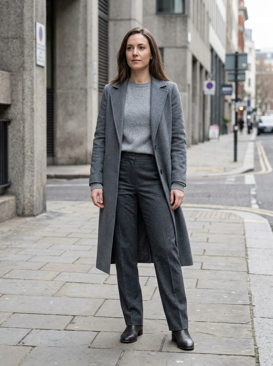 A woman dressed in various shades of gray, from charcoal to light silver. She is wearing a wool coat, knit sweater, and tailored trousers, looking elegant and warm.