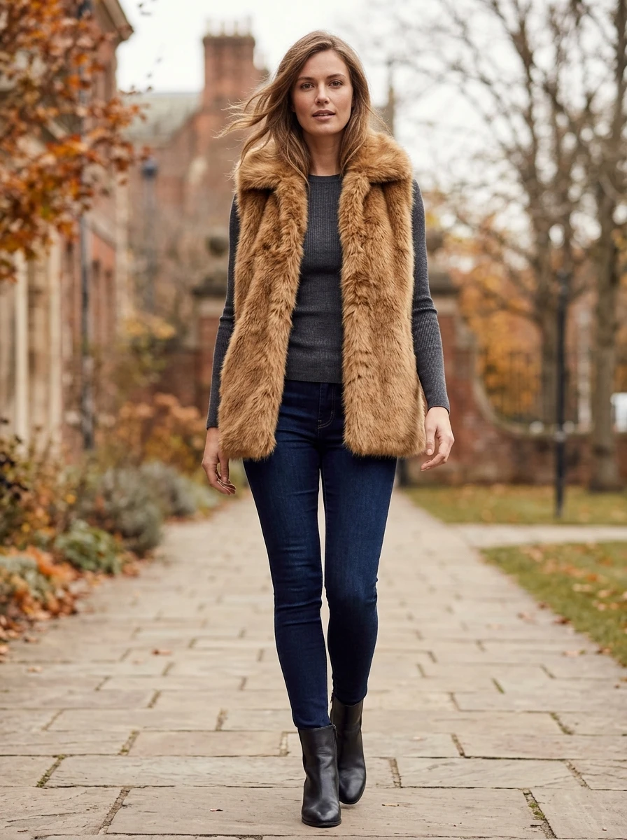A woman in a faux fur vest layered over a fitted long sleeve top and dark jeans. She is wearing ankle boots, highlighting the contrast between the bulky vest and slim legs.