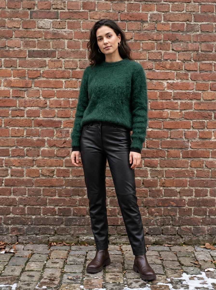 A woman wearing black leather trousers paired with a soft fuzzy mohair sweater. The look balances the toughness of the leather with the softness of the knit.