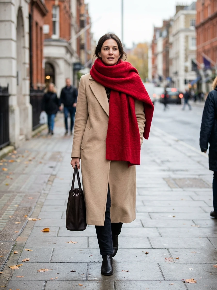 A woman in a neutral beige wool coat accented by a vibrant red oversized scarf. The scarf adds a splash of color to an otherwise muted winter look.