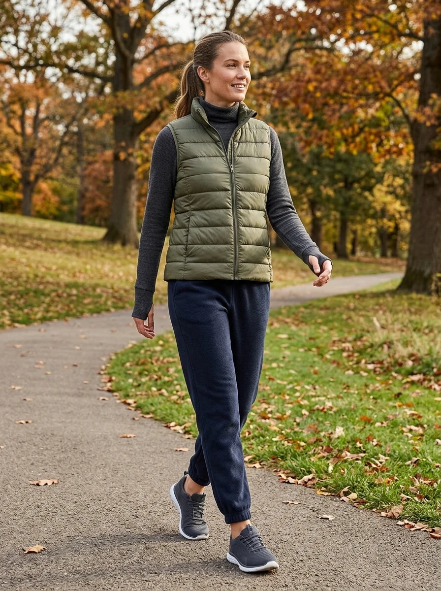 A woman in a puffer vest over a thermal top and comfortable joggers. The outfit is practical, warm, and designed for active winter days.