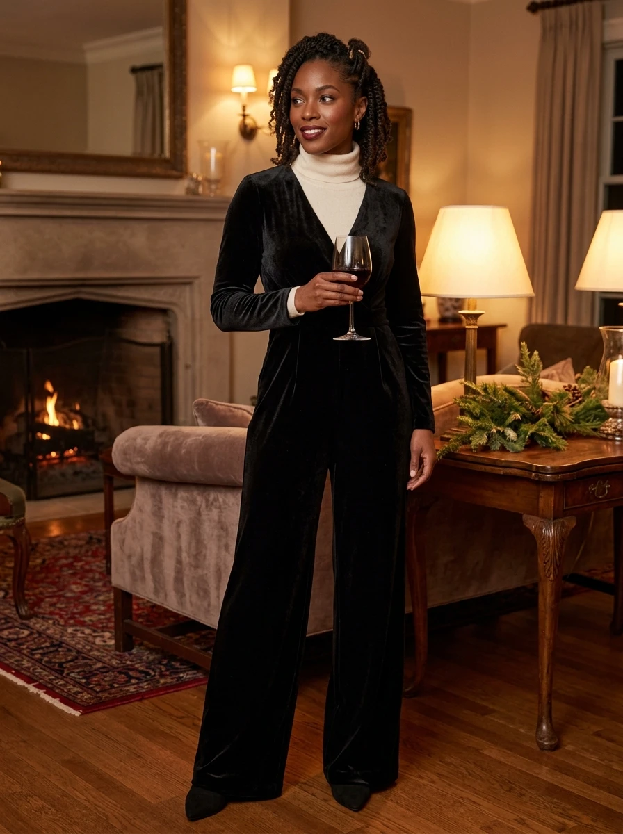 A woman wearing a velvet jumpsuit and cashmere turtleneck for an evening winter look.