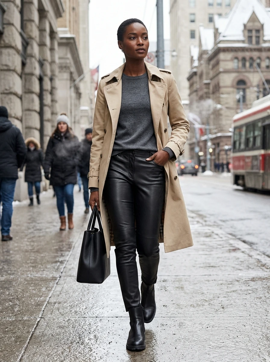 A woman wearing sleek leather pants and a trench coat for a polished winter outfit.