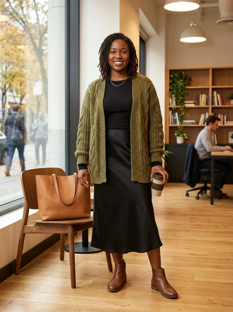 A woman wearing a chunky knit cardigan and a midi slip skirt for a layered winter look.